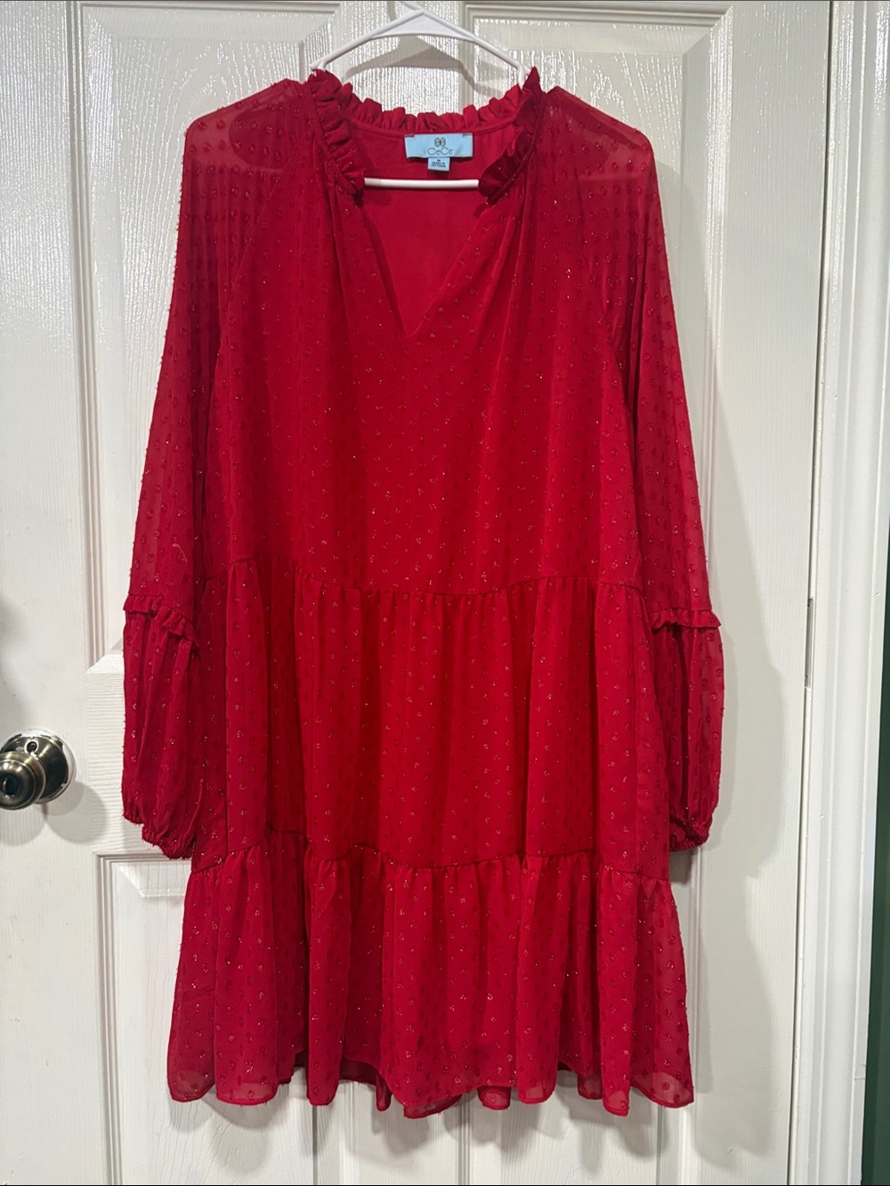 Red Ruffled Tiered Long Sleeve Dress